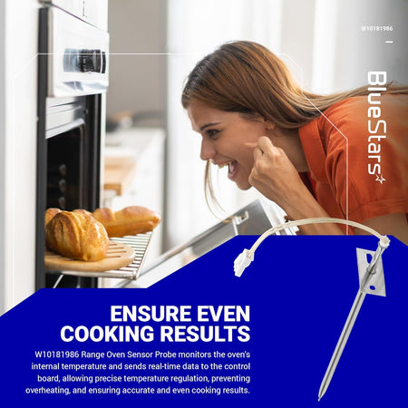 WPW10181986 range oven sensor probe replacement shown in a lifestyle graphic for Whirlpool, Maytag, and Kenmore ranges.