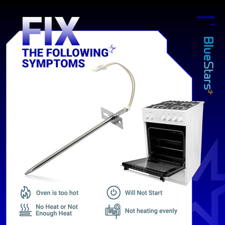 WPW10181986 oven sensor probe replacement with range troubleshooting symptoms infographic.