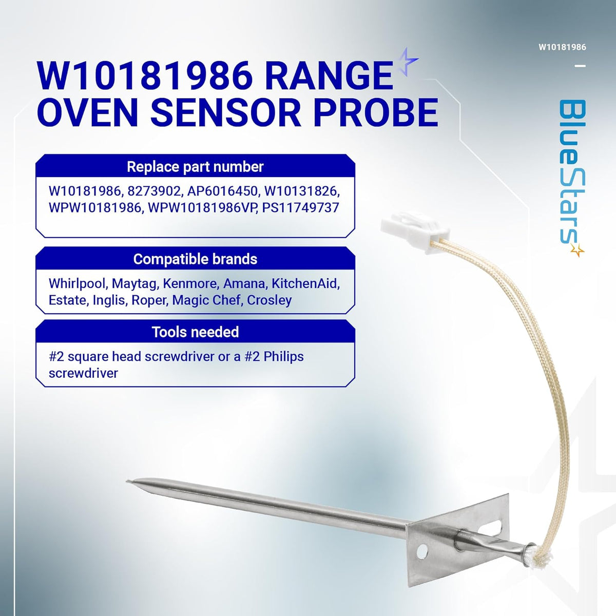 W10181986 range oven sensor probe replacement part with compatibility and installation information graphic.
