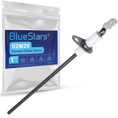 52W29 furnace flame sensor with mounting bracket and white ceramic insulator in branded BlueStars packaging.