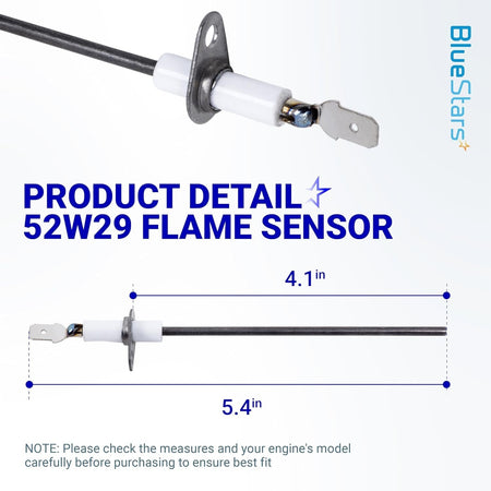 52W29 furnace flame sensor showing dimensions of 4.1 inches and 5.4 inches for compatibility check.