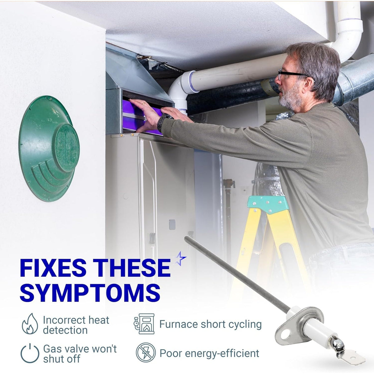 52W29 furnace flame sensor shown with technician performing maintenance and list of common heating repair symptoms.