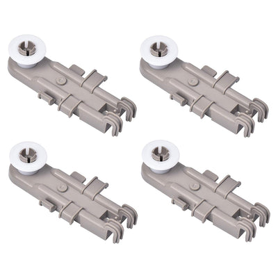 Set of four gray dishwasher upper rack wheel assemblies for Whirlpool, Kenmore, and KitchenAid dishwashers.