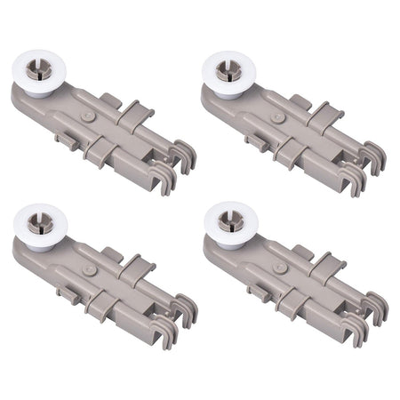 Set of four gray dishwasher upper rack wheel assemblies for Whirlpool, Kenmore, and KitchenAid dishwashers.