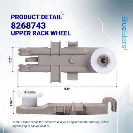 Dimensional diagram of 8268743 dishwasher upper rack wheel showing top and side views with measurements.