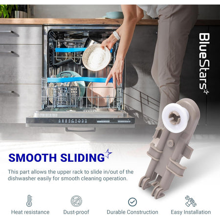 Single 8268743 dishwasher upper rack wheel assembly shown with smooth sliding feature and installation benefits.