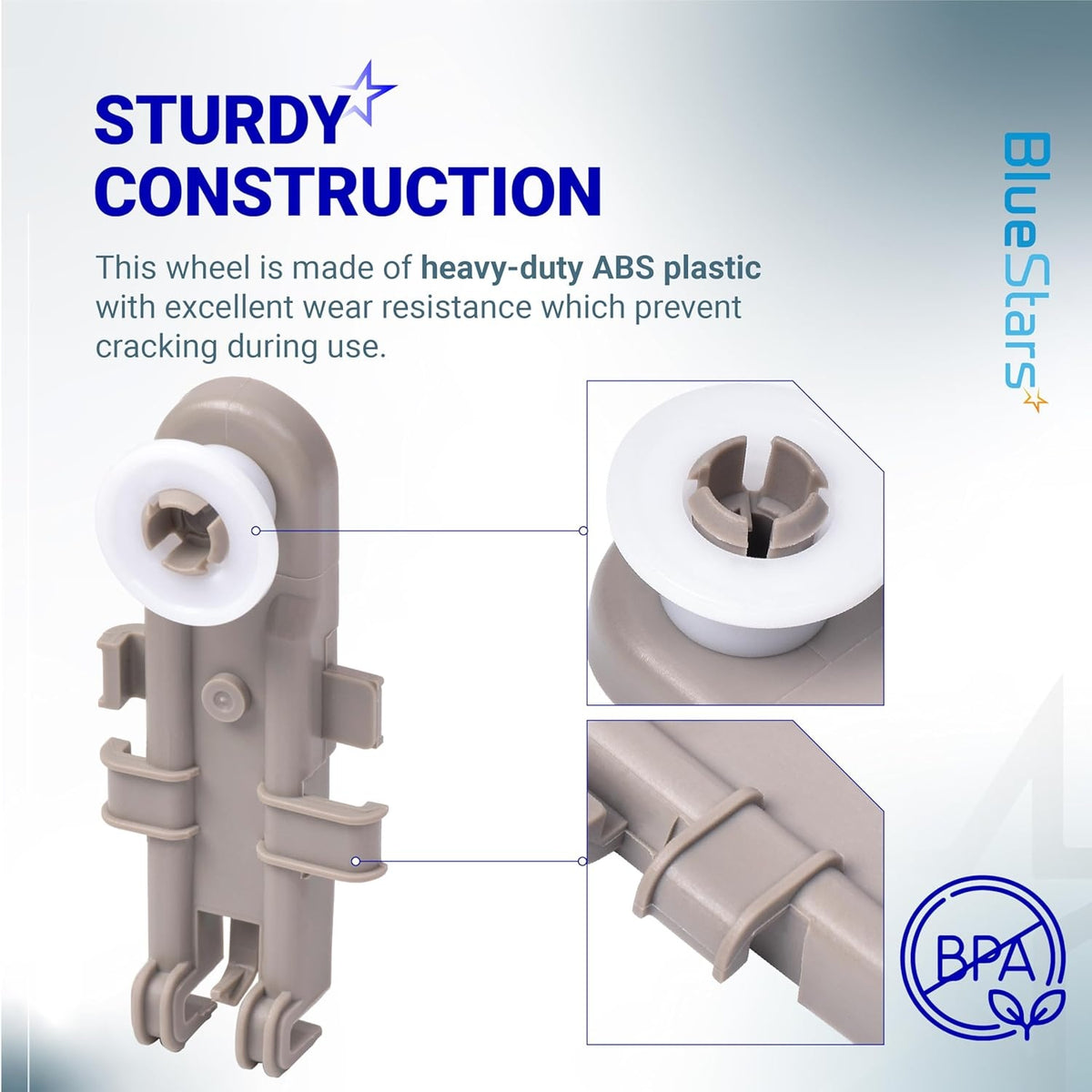 Infographic showing construction details of a dishwasher upper rack wheel assembly for Whirlpool and Kenmore appliances.