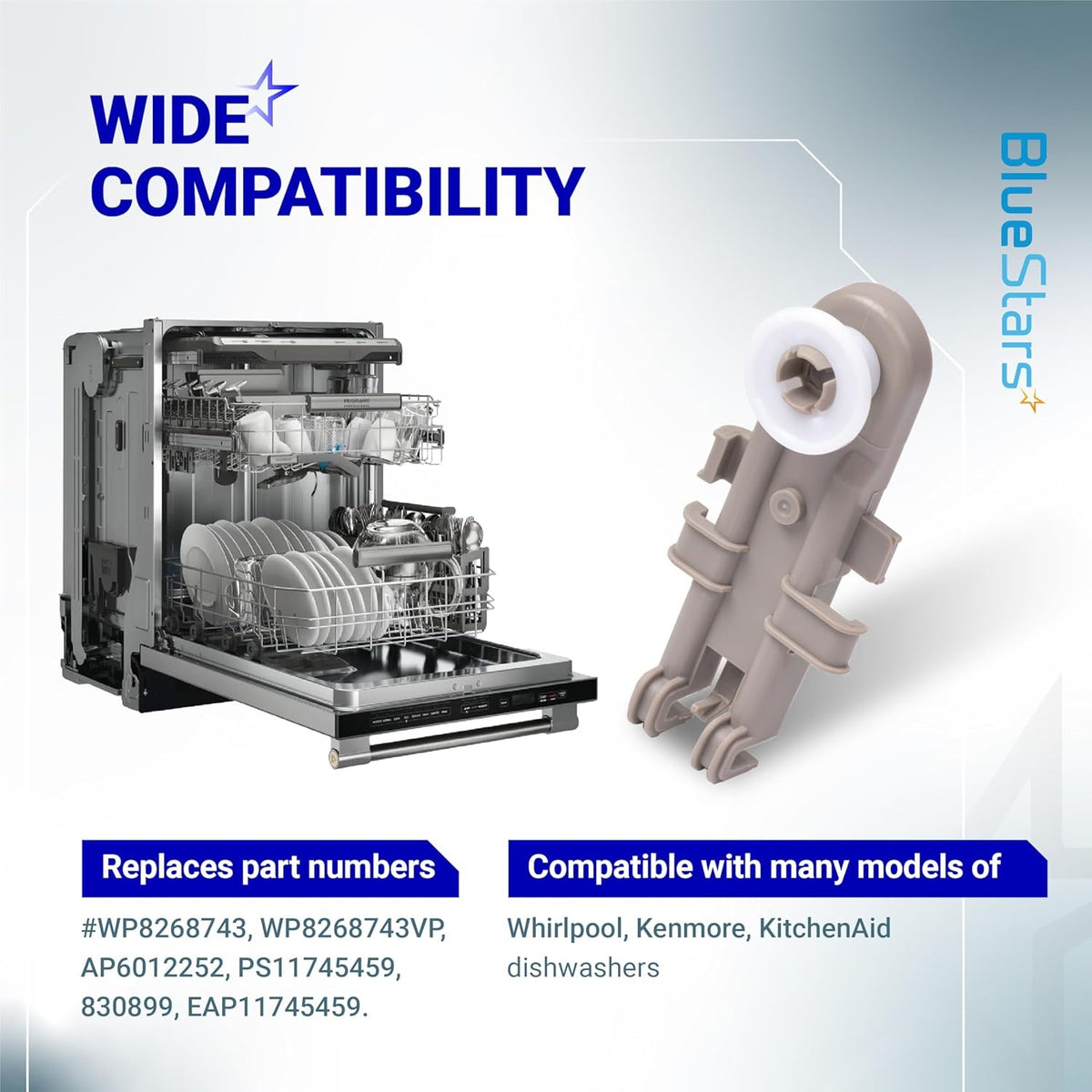 Replacement dishwasher upper rack wheel assembly for Whirlpool, Kenmore, and KitchenAid models.