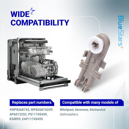 Replacement dishwasher upper rack wheel assembly for Whirlpool, Kenmore, and KitchenAid models.