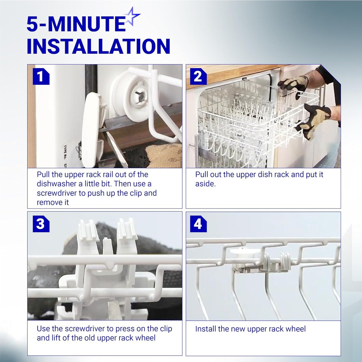Four-step installation guide for Whirlpool dishwasher upper rack wheel replacement.