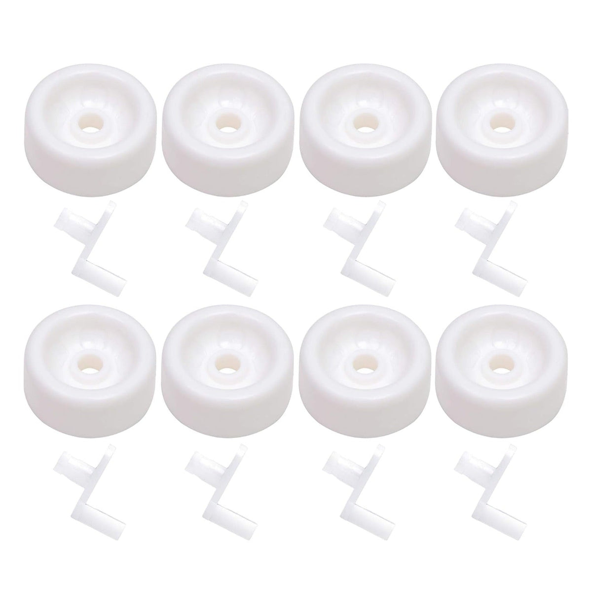 Set of 8 white dishwasher lower rack rollers and axles for GE dishwashers.