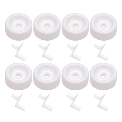 Set of 8 white dishwasher lower rack rollers and axles for GE dishwashers.