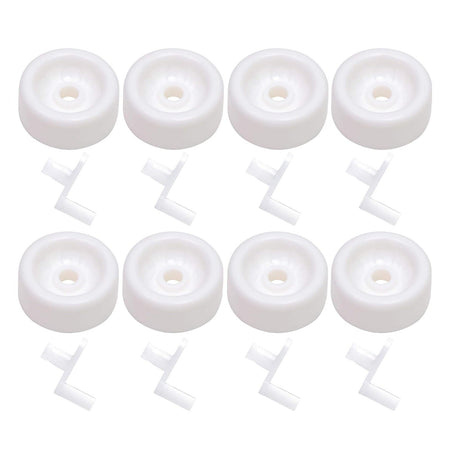 Set of 8 white dishwasher lower rack rollers and axles for GE dishwashers.