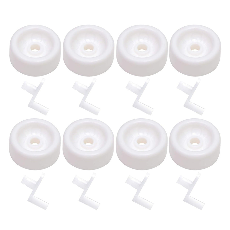 Set of 8 white dishwasher lower rack rollers and axles for GE dishwashers.