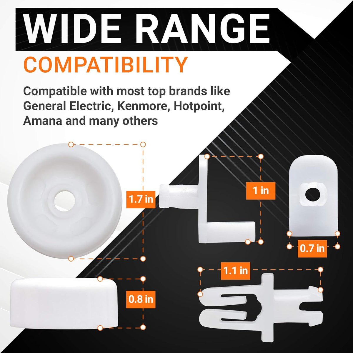 Dimensional diagram of WD12X271 dishwasher lower rack roller and axle components with measurements.