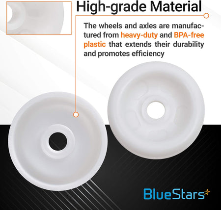 Close-up of durable white plastic dishwasher lower rack rollers for GE dishwashers.