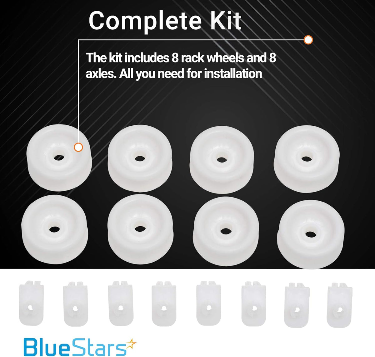 WD12X271 dishwasher lower rack roller and axle kit containing eight white wheels and eight mounting clips.