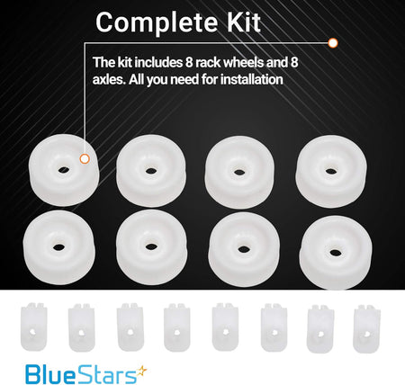 WD12X271 dishwasher lower rack roller and axle kit containing eight white wheels and eight mounting clips.