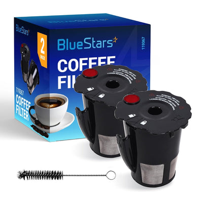 Two reusable coffee filters for Keurig 2.0 series with cleaning brush and retail packaging box.