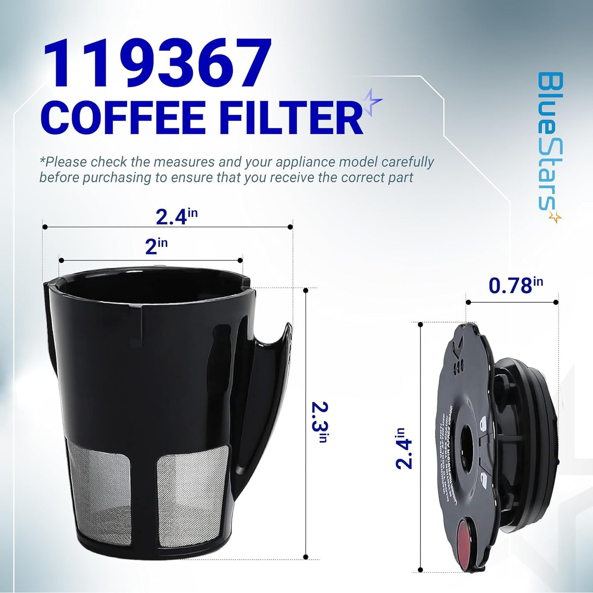 Dimensional diagram of 119367 reusable coffee filter for Keurig 2.0 series showing height and width measurements.