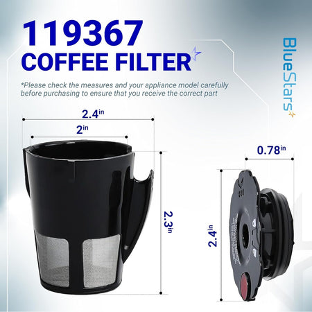 Dimensional diagram of 119367 reusable coffee filter for Keurig 2.0 series showing height and width measurements.