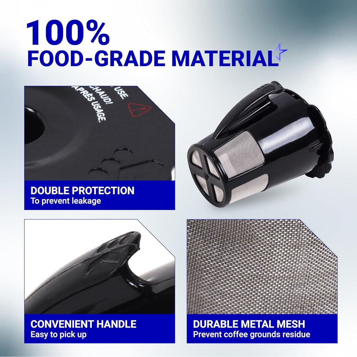 Infographic showing features of reusable Keurig 2.0 coffee filter including metal mesh, handle, and leak protection.