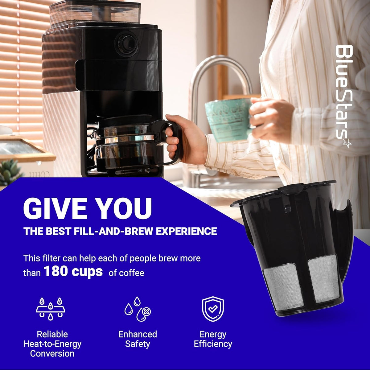 Reusable coffee filter for Keurig 2.0 series shown in a lifestyle graphic with brewing benefits and icons.