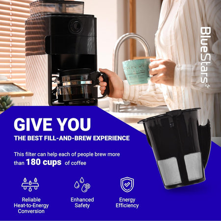 Reusable coffee filter for Keurig 2.0 series shown in a lifestyle graphic with brewing benefits and icons.