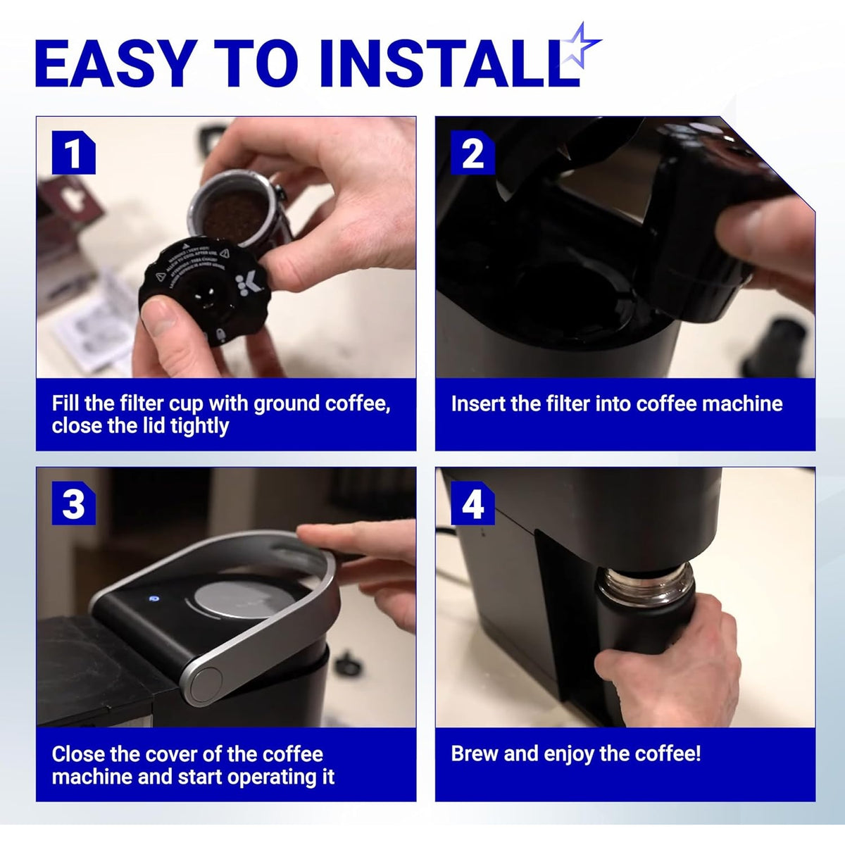 Four-step instructional guide showing how to install a reusable Keurig coffee filter in a K-Cup 2.0 series machine.