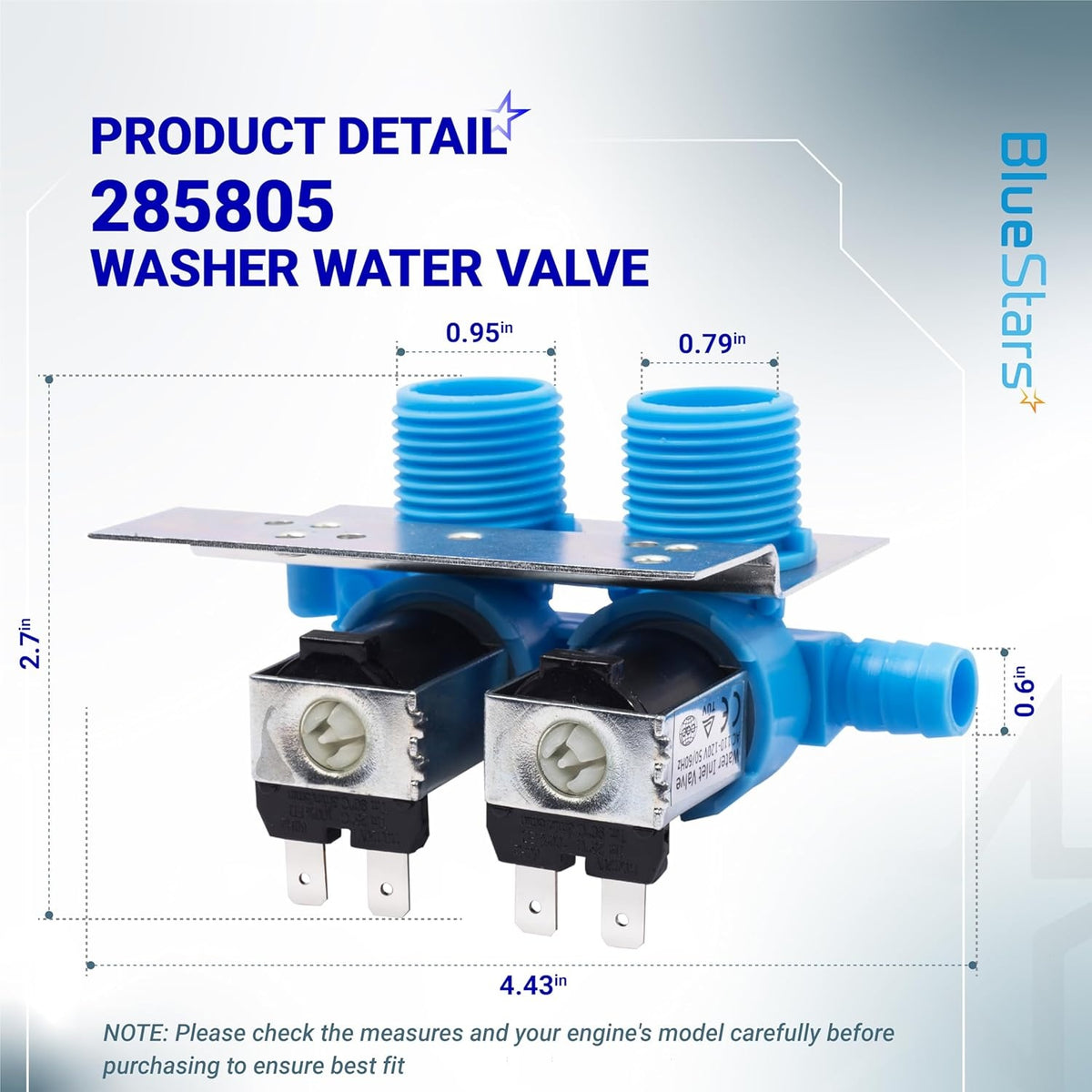 285805 washer water inlet valve with mounting bracket showing dimensions for Whirlpool and Kenmore washing machines.