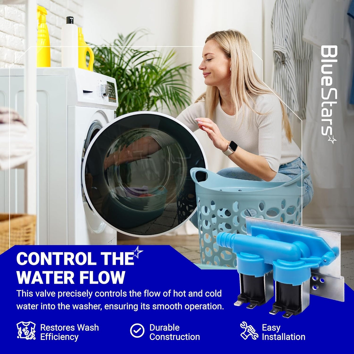 285805 washer water inlet valve with mounting bracket shown in a lifestyle graphic for Whirlpool and Kenmore washers.