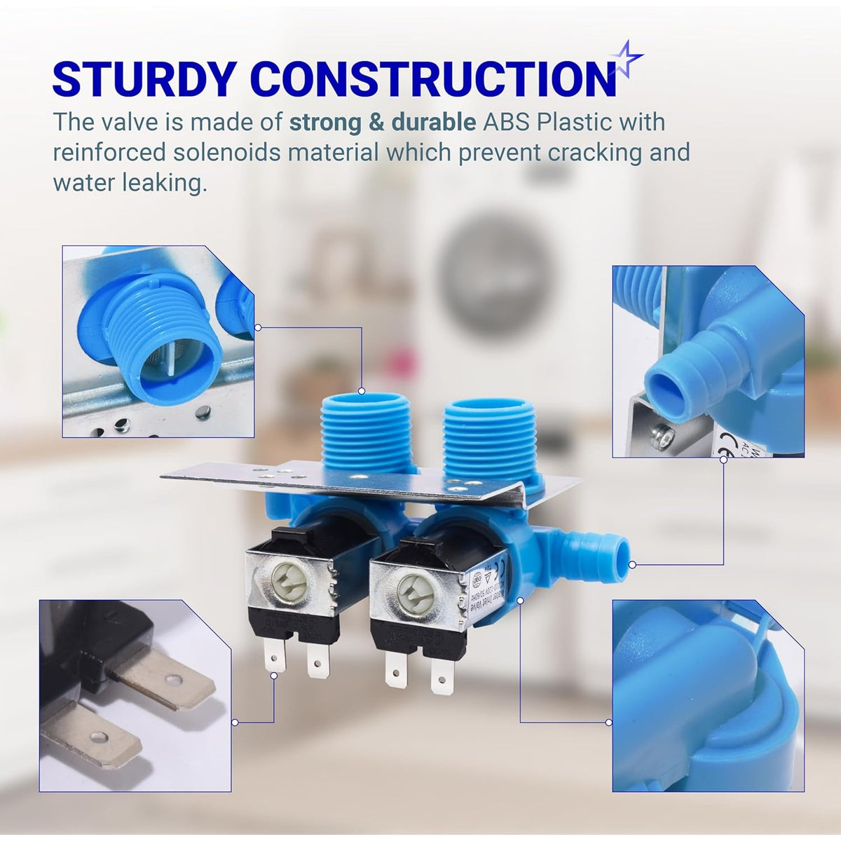285805 washer water inlet valve with mounting bracket showing construction details and solenoid close-ups.