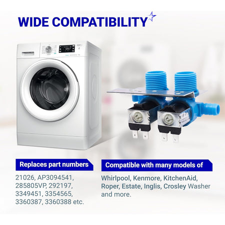 285805 washer water inlet valve with mounting bracket shown next to a washing machine for compatibility reference.
