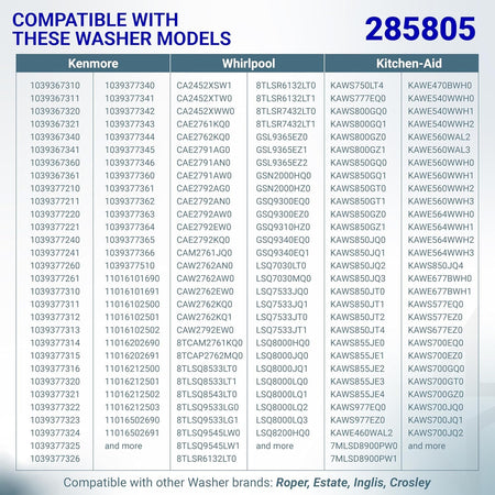 Compatibility chart for 285805 washer water inlet valve listing Kenmore, Whirlpool, and KitchenAid models.