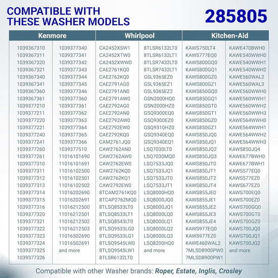 Compatibility chart for 285805 washer water inlet valve listing Kenmore, Whirlpool, and KitchenAid models.