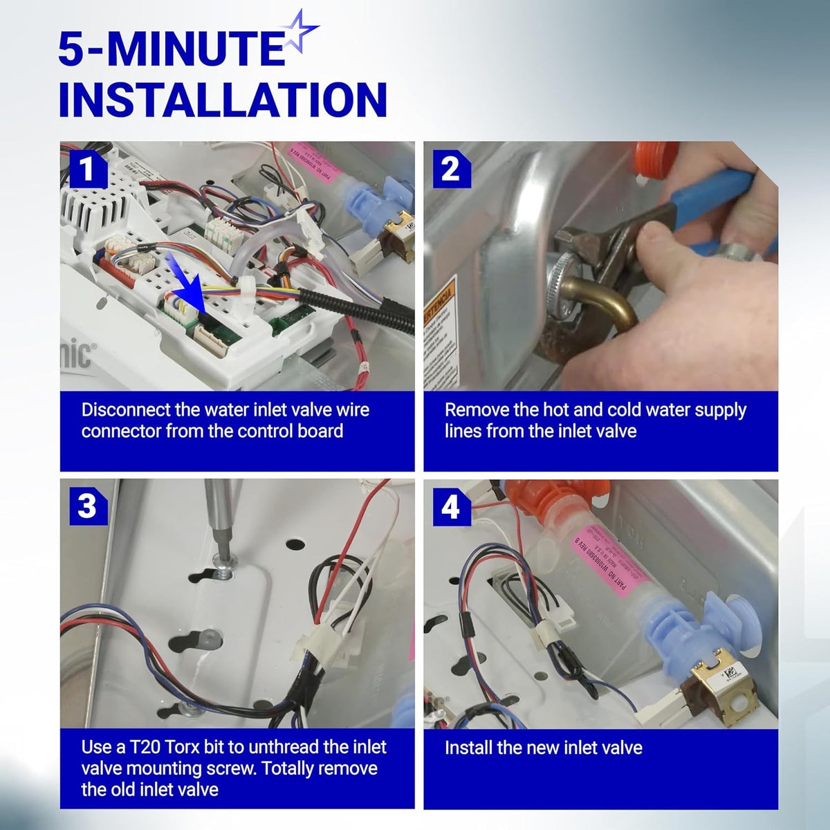 Four-step installation guide for replacing a washer water inlet valve with mounting bracket.