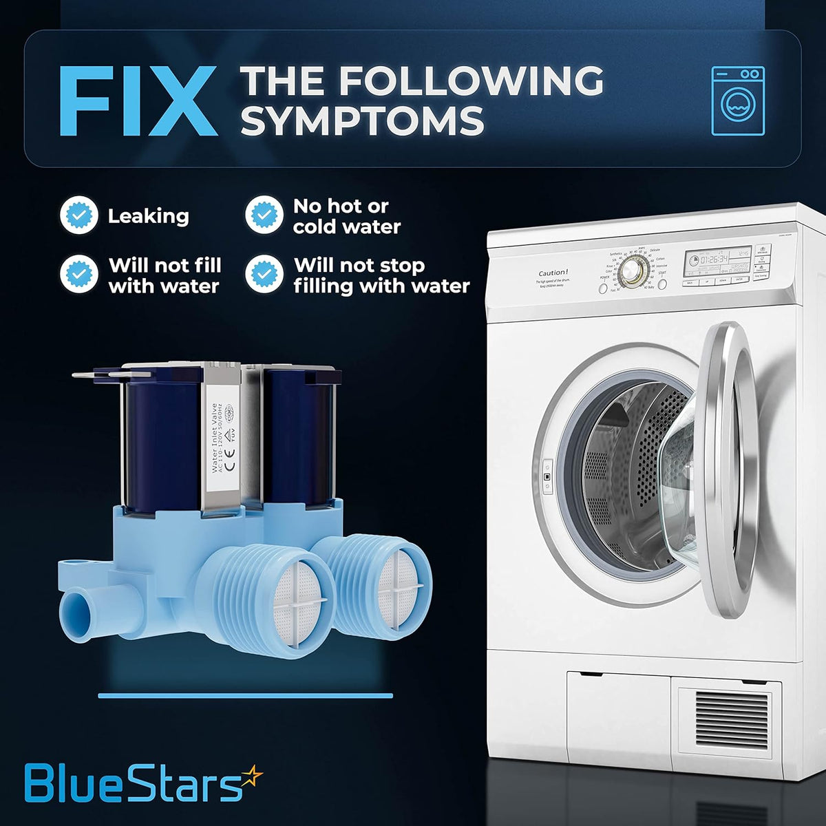 WH13X10024 washer water inlet valve showing common repair symptoms for GE and Hotpoint washing machines.