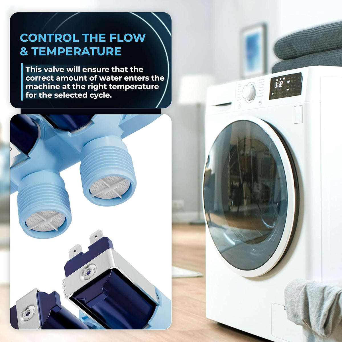 WH13X10024 washer water inlet valve showing flow control and temperature regulation features for GE and Hotpoint washers.
