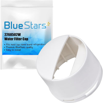 White refrigerator water filter cap replacement in BlueStars packaging for Whirlpool and Kenmore refrigerators.