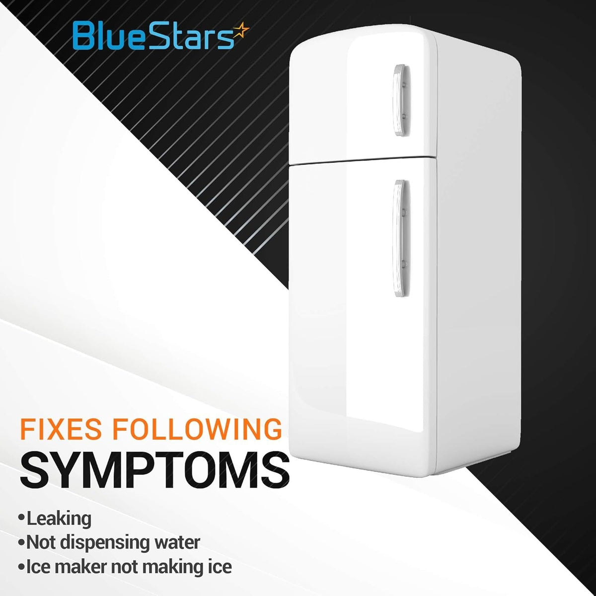 Graphic showing refrigerator water filter replacement symptoms including leaking, no water, and no ice.