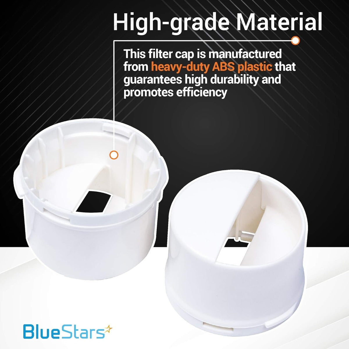 Two white refrigerator water filter caps made of heavy-duty ABS plastic for Whirlpool and Kenmore refrigerators.