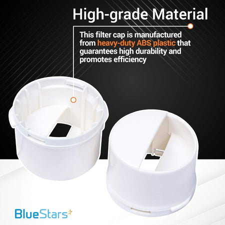 Two white refrigerator water filter caps made of heavy-duty ABS plastic for Whirlpool and Kenmore refrigerators.