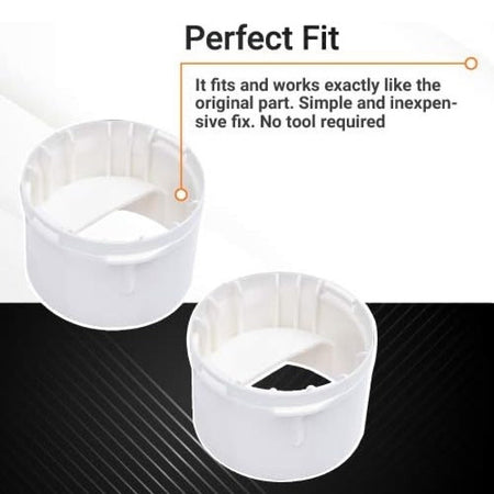 Two white refrigerator water filter caps showing perfect fit design for Whirlpool and Kenmore replacements.
