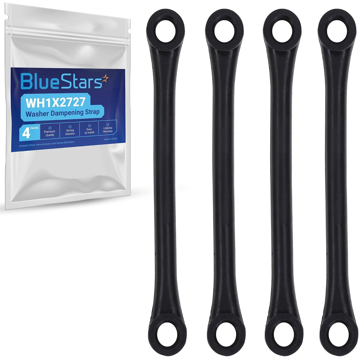 WH1X2727 Washer Dampening Strap, four black straps shown with branded packaging