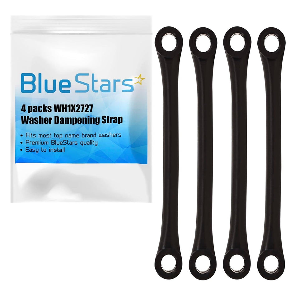 Pack of four WH1X2727 washer dampening straps with BlueStars branded packaging for GE and Hotpoint washing machines.
