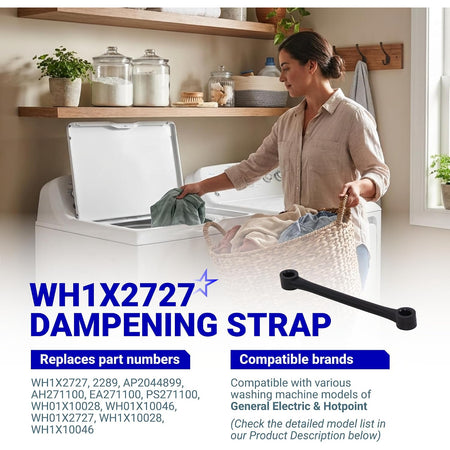 WH1X2727 Washer Dampening Strap - Lifestyle scene with open washer, laundry basket, and loose black strap graphic