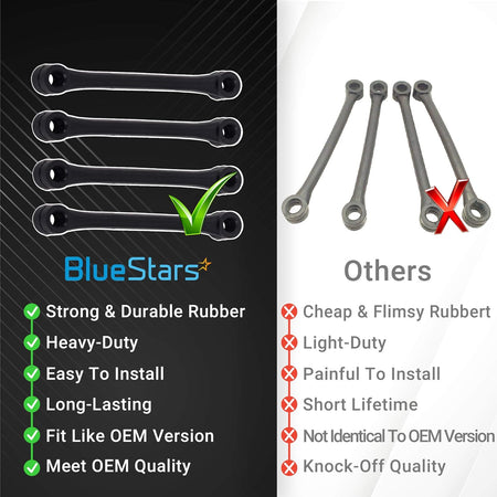 Comparison chart showing BlueStars WH1X2727 washer dampening straps versus lower quality alternatives.