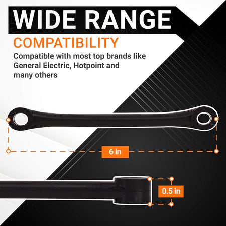 WH1X2727 washer dampening strap showing 6-inch length and 0.5-inch thickness dimensions for GE and Hotpoint washers.