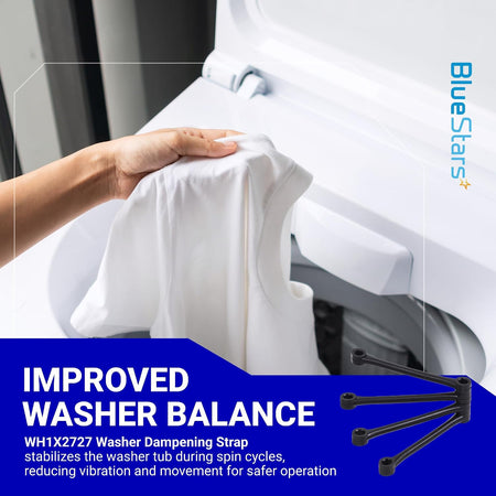 WH1X2727 Washer Dampening Strap promotional graphic showing straps, an open washer, and laundry being loaded