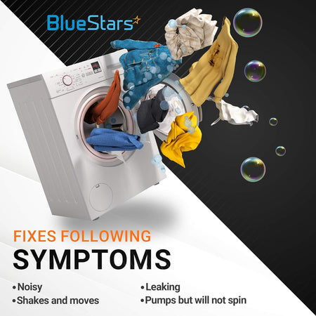 Graphic showing WH1X2727 washer dampening strap symptoms including noisy operation, shaking, leaking, and spin issues.